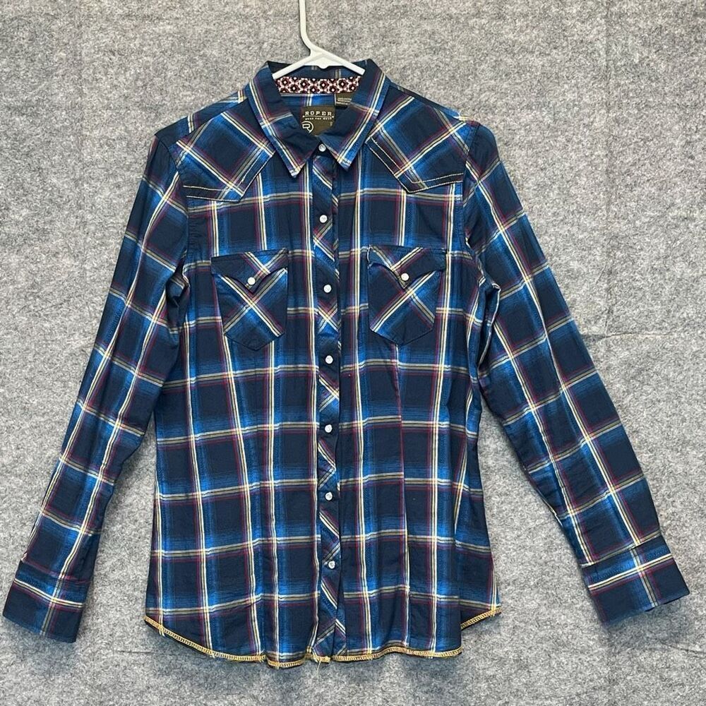 ROPER Western Shirt Men’s Medium Blue‎ Plaid Collared Pearl Snaps Pockets EUC